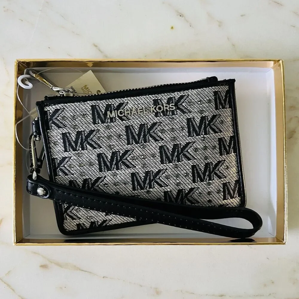 MICHAEL KORS Jet Set Black Cream Leather Small Coin Purse Card Wallet Wristlet